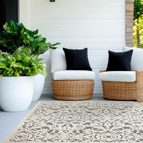 Astra Moderner Outdoor Teppich wetterfest - Besonderes Flachgewebe Außen und Innen - Einzigartige Designs - Robuster Teppich Ornamente grau/weiß, 120x170 cm