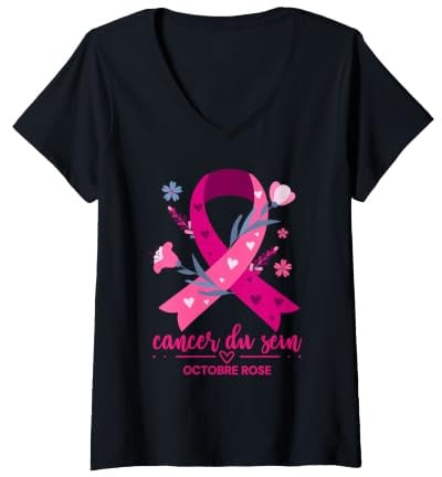 Femme Octobre Rose 2026 Ruban Sensibilisation Cancer du Sein Tee T-Shirt avec Col en V