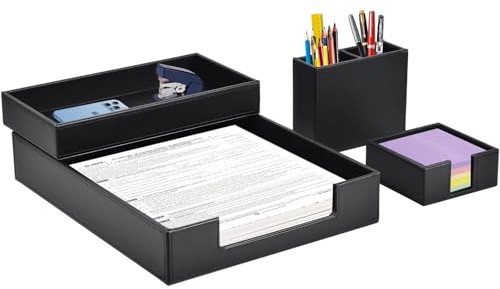 XNONE 4-Piece Set Office Supplies/Desk Organizer Including Pu Leather Letter Paper Tray,Sticky Note Holder,Pen Cup,Stackable Small Letter Mail Sorter,Tray Document Holder Fits A4 Paper (Black)