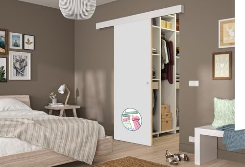 Kit Porte Coulissante Intérieure avec Rail 83x204 cm – Bois Prêt à Peindre Blanc – Rail Porte Coulissante Discret avec Cache – Amortisseurs – Facile à Installer