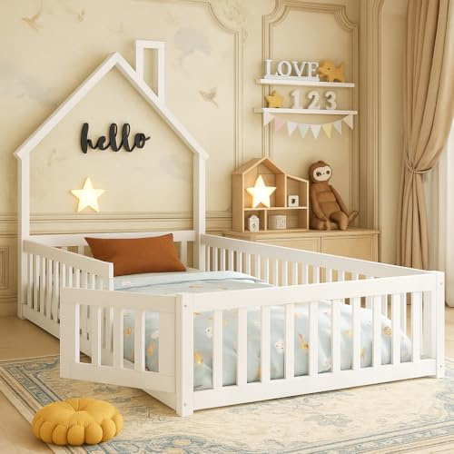 Merax Kinderbett Montessori Hausbett aus Massivholz Kiefer – Bodenbett mit Lattenrost – Sicher & niedrig für Kinderzimmer – Skandinavisches Design, einfach zu montieren