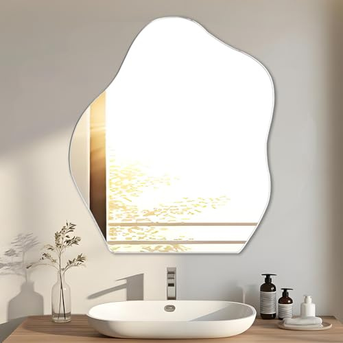 EONAZE Spiegel Asymmetrisch Wandspiegel Organische Form Rahmenloser Asymmetrischer Spiegel Bad Groß Badezimmerspiegel 47.7x38cm HD Glas Spiegelfliesen Selbstklebend Klebespiegel
