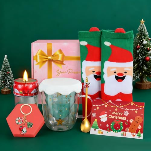 TOSZOLY Geschenke für Frauen Weihnachten, Doppelwandige Gläser Wichtelgeschenk mit Weihnachtssocken, Christmas Gifts for Women, Frauen Geschenk Weihnachten für Freundin Kollegen Schwester Kinder