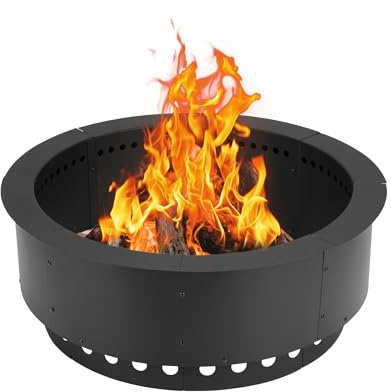 BPS 91,4 cm äußerer rauchfreier Feuerschalenring, 76,2 cm innere doppellagige, robuste Metall-Feuerstelle, Einsatz für Hinterhof, Lagerfeuer, Outdoor, Picknick, Grillen, Schwarz