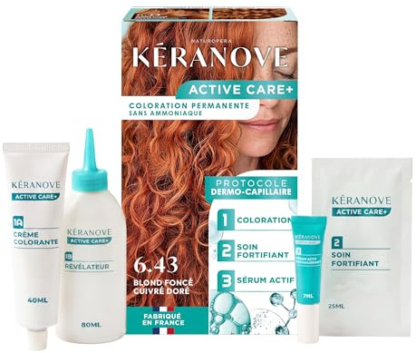 KERANOVE - Coloration Permanente - 6.43 Blond Foncé Cuivré Doré | Sans Ammoniaque - Jusqu'à 3x plus de brillance - Kératine végétale et Prébiotiques - Parfum délicat - Fabrication Française