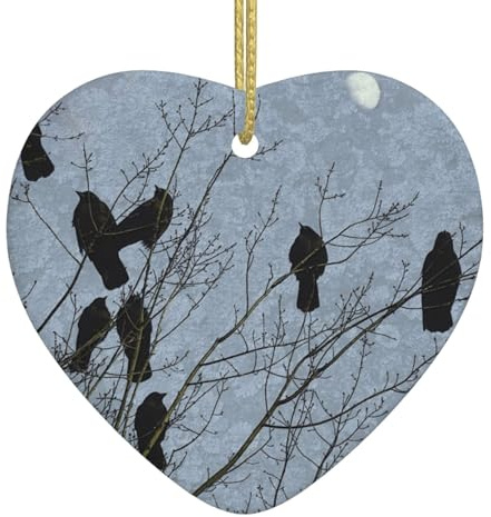 Black Crow Birds Christmas Ceramic Heart Ornament,Double-Sided Printed White Porcelain Hanging Decoration With Gold String For Xmas Tree,Home,Shop,Holiday Decor