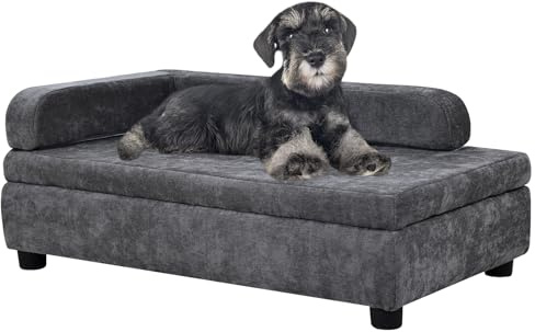 DGBAOBEI Pet Sofa with Hidden Storage for Puppy and Cat,Linen Fabric Dog Sofa,Cat Couch with Wooden Frame (Grey)