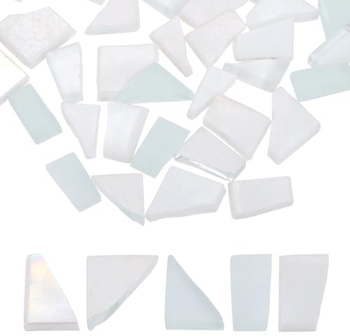 QUARKZMAN Piastrelle Mosaico Vetro Irregolari, 100g/0.2LB Fogli Vetro Colorato Irregolari Frammenti Mosaico Rotto Kit Forniture Piastrelle ingrosso Per DIY Artigianato Casa, Serie Bianca