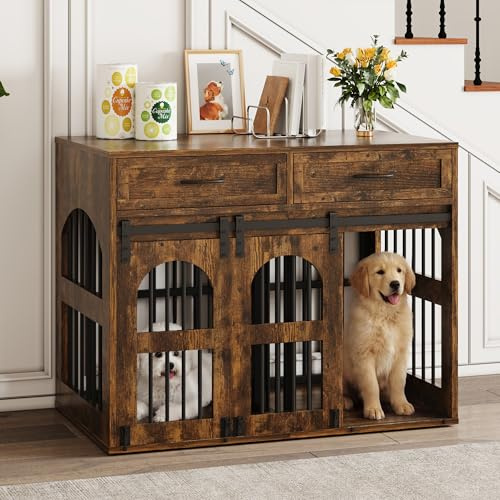 IRONCK Hundekäfig Möbel Hundebox für Zuhause mit 2 Schublade Türen Trennwand, Hundebox Holz Indoor für 2 kleine/mittlere/1 große Hunde, Beistelltisch mit Scheunentür, 106x68x88cm (Vintagebraun)