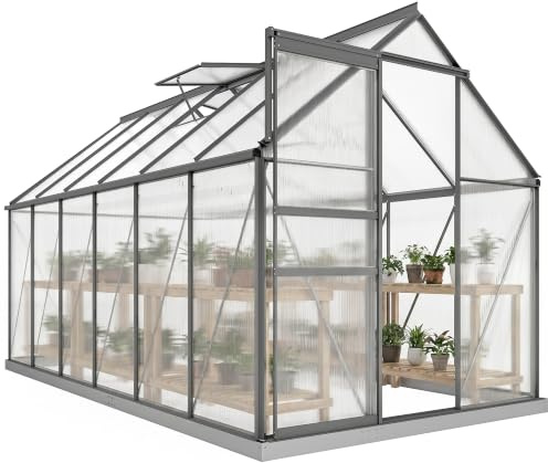 Outsunny Serre de Jardin 7 m² avec Fondation 190 x 375 x 199 cm Gris Foncé | en Aluminium Polycarbonate, Fenêtre Réglable, Porte Coulissante, Abri Extérieur Résistant aux Intempéries