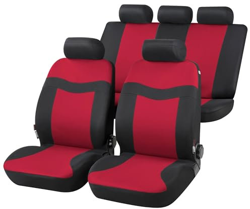 Walser Auto-Sitzbezug Rockford, Universal-Sitzbezug Komplett-Set, PKW-Sitzbezüge, 2 Vordersitzbezüge, 1 Rücksitzbankbezug schwarz/rot