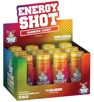 Muskelälg – älgjuice energiskott | koffeindryck, BCAA & B-vitaminer, noll socker, aspartamfri, regnbågsgodis, 60 ml (12 skott)