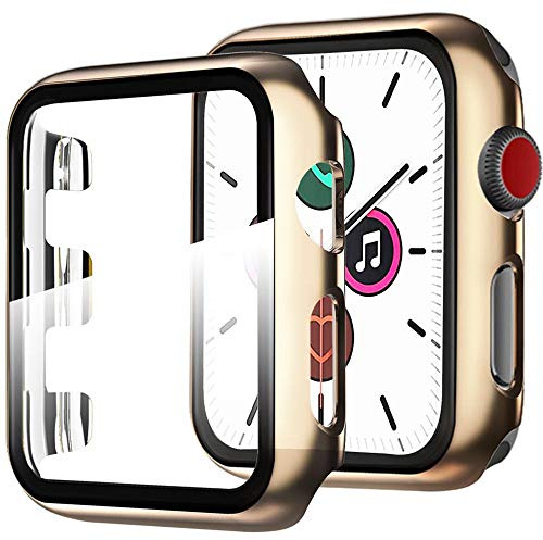 Miimall Kompatibel mit Apple Watch Series 3/2/1 38mm Hülle mit Glas Displayschutz, Sehr stark PC Schutzhülle, Vollschutz Ultradünne Kratzfest Schutz Case für Apple Watch 38mm - Dunkelgold