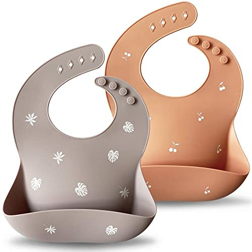 Moonkie Silikon Lätzchen Baby 2er-Set, BPA-frei Abwaschbar Baby Lätzchen Wasserdicht Weich Langlebig Verstellbare Silikon Lätzchen für Babys und Kleinkinder (Muted/Misty Purple)