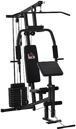 HOMCOM Kraftstation für Zuhause Fitnessstation mit Latzuggerät, Kabelzug, kurzer Bizepsstange, Brustpresse, Beintrainer, Butterfly-Maschine 45kg Gewichten Multifunktion Fitnessstation Schwarz