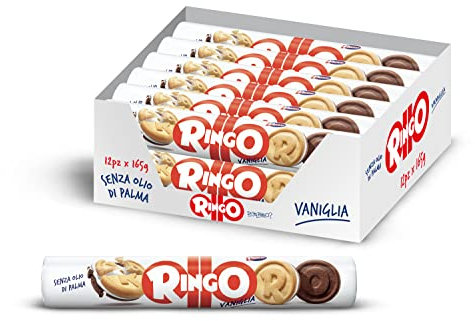 Pavesi Snack Ringo Vaniglia, 12 Pack da 165 g, Biscotti Farciti con Crema al Gusto Vaniglia, Snack per Merenda o Pausa Studio, Formato Tubo