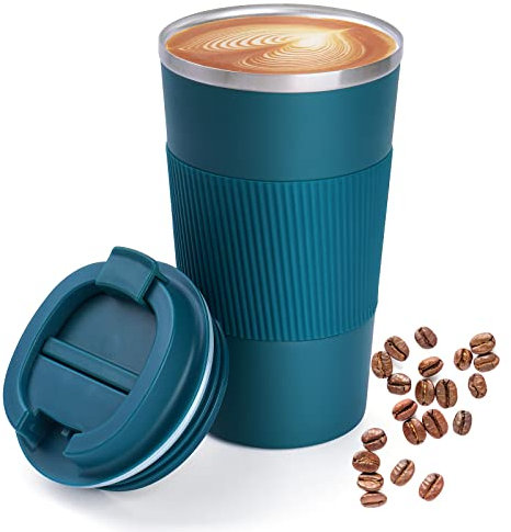 Breteil Vakuum Edelstahl Thermobecher Wiederverwendbarer Kaffeebecher Doppelwandiger auslaufsicherer Kaffee-Reisebecher Thermobecher Isolierter Becher -für heiße und kalte Getränke (Blau-500ml)