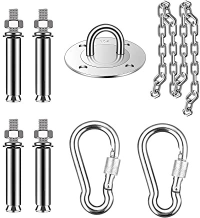 GANCIO A SOFFITTO PER SEDIA DONDOLO AMACA SACCO DA BOX ALTALENA FINO A 450 KG STAFFA IN ACCIAIO INOX CATENA TASSELLI E MOSCHETTONI