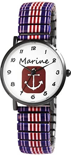 Excellanc Damen-Uhr Edelstahl Zugband Maritim Anker Print Analog Quarz 1700070 (lila blau weiß)