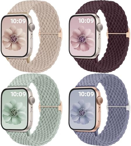 Mastten 4 Stück Geflochtenes Armbänder Kompatibel mit Apple Watch Armband 41mm 42mm 40mm 38mm Damen Herren, Elastisches Nylon Stoff Armband-Sport Solo Loop für iWatch SE Series 10 9 8 7 6 5 4 3 2 1