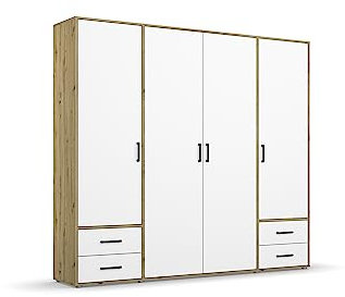 Rauch Möbel Voyager Schrank Kleiderschrank Drehtürenschrank, Alpinweiß/Eiche Artisan, Holz, 4-türig mit 4 Schubladen, inkl. 1 Kleiderstange, 5 Einlegeböden BxHxT 187x194x53 cm