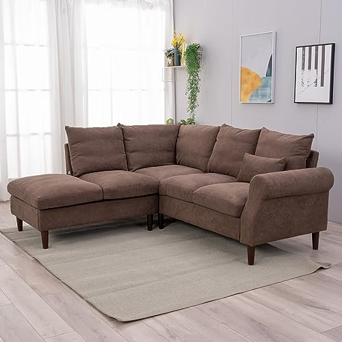 Panana 5 Seater Corner Sofa with Built in USB Charging Port Chaise, Brown Linen Sectional Couch with Right Hand Side Rolled Armrest