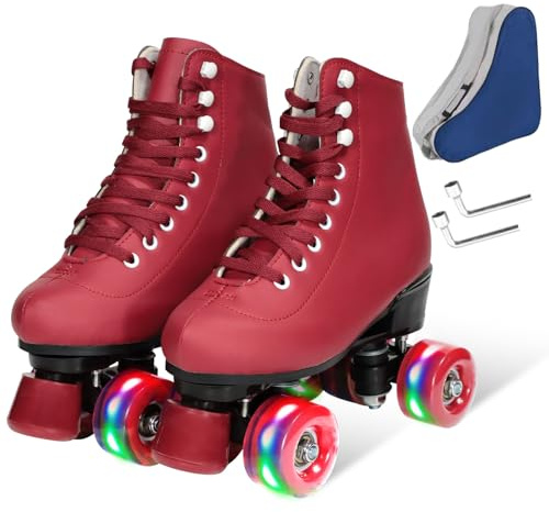 Wiwiy Rollschuhe für Damen und Herren, mit Leder, hohe Oberseite, vier glänzende Räder, Weinrot, für Anfänger, drinnen und draußen (Damen 41 / Herren 40)