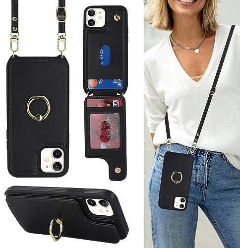 Cavor Phone Case compatible with iPhone 12 Mini With Card Holder With Lanyard Strap,Flip Leather Wallet Case,Ring Kickstand Shockproof Cover Case compatible with iPhone 12 Mini - Black
