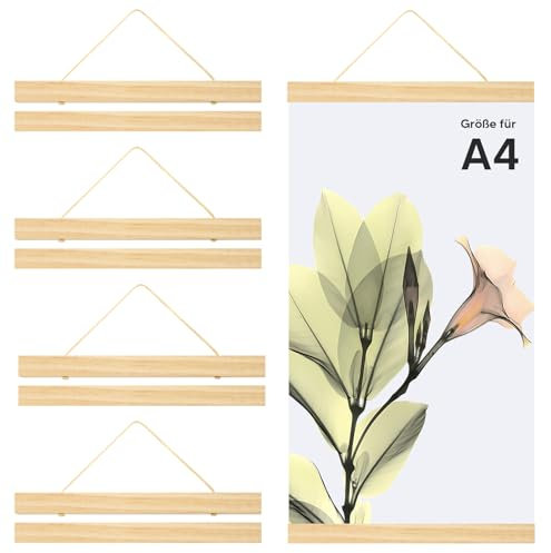 Dulov 4 Stück A4 Posterleiste, Magnetisch Posterschiene Posterleisten 21CM, A4 Posterleiste magnetisch - Posterrahmen Holz Poster Aufhänger,Bilderleiste Posterhänger für Poster, Kunstwerk