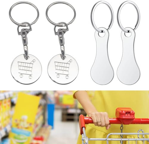 Caddie Jeton,4pcs Caddie Universel Puce pour Caddie,Jeton pour Caddie en Acier Inoxydable,Clé en Forme Jeton pour Les Caddies,Panier d'Achat Amovible Porte-Clés pour Chariot en Acier Inoxydable