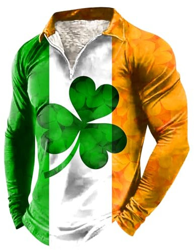 Lustiges St. Day 3D-Druck-T-Shirt mit halbem Reißverschluss und Langen Ärmeln für Herren Quarz Armbanduhr (Green, XXXL)