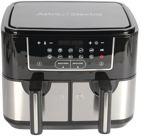 Astro Electra Dual Zone 9L Air Fryer | 2x4.5L Baskets | 10 Presets | 2600W | Touch Screen | Smart Finish | Timer | Dishwasher Safe