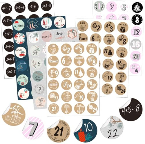 KOHMUI Adventskalender Zahlen Aufkleber, 6 x 24 Adventszahlen Stickers für Weihnachten Kalender zum selber basteln und Verzieren, Geschenkaufkleber selbstklebend Etiketten
