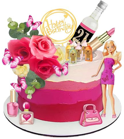 27 PCS Mini Wine Bottles Cake Toppers With Mini Wine Bottles Beauty Doll Cake Topper Birthday Cake Topper Makeup Butterfly Cake Topper and Flowers for Celebrating Birthday Girl Party