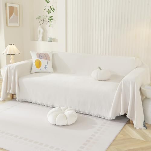 Royhom Couch Überzug 2/3/4 Sitzer, Sofa Überzug Ecksofa, Sofabezug L Form, Chenille Sofaüberwurf, Couch Überwurf mit Deko Quasten, Beige Sofa Überwurf(Rein Beige, 180x300cm)