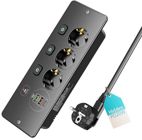 Enchufe empotrable con USB C 20 W, 3 enchufes de Mesa con USB A y Tipo C, 7 en 1, Enchufe Triple Empotrado con Cable de extensión de 1,8 m, regleta empotrable para Oficina, Color Negro