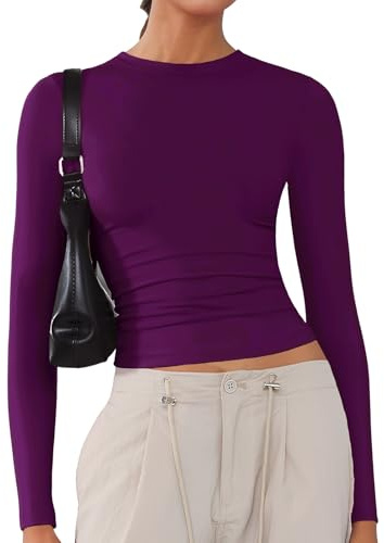 ARCFEETORY Women's Soft Long Sleeve Shirts Crew Neck Tops Basic Tees Stretchy Going Out Crop Tops Y2K Slim Fit T-Shirts Dark Purple XL