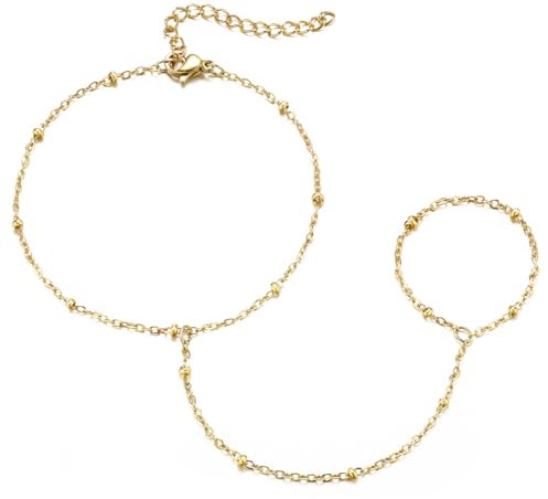Emibele Gold Handkettchen Armband Für Damen, 18K Gold Plated Zierliches Stapelbares Handkettchen Fingerring, Nicht Anlaufend Verstellbar Trendiges Gliederkettchen Armband Schmuck Geschenke