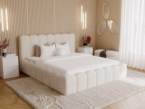 GRAINGOLD Smile Bett 140x200, Polsterbett mit Bettkasten, Polsterbett mit Stauraum, Bouclé-Stoff, mit Lattenrost, mit Kopfteil, ohne Matratze (Creme, 140x200)