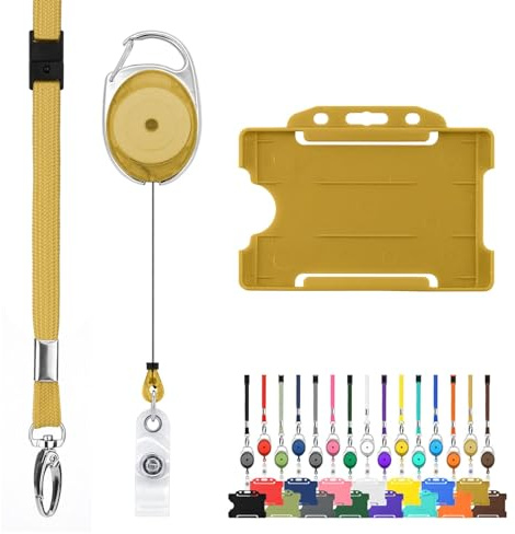 Retractable Lanyard and Badge Holder Trio Triple Pack by LanyardsTomorrow - Set Includes A Single Plain Lanyard, Extendable Carabiner Yoyo Reel Clip and Rigid ID Card Holder (Gold Caramel)