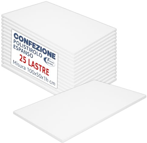 Sicignano Casalinghi Lot de 25 plaques de polystyrène expansé, 100 x 50 x 1 cm, panneaux fins pour emballage, protection d'objets, découpage et revêtements isolants, polystyrène blanc, facile à