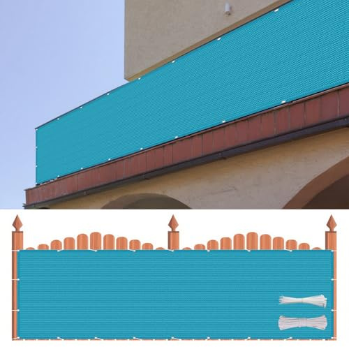 Balkonabdeckung 60 x 215 cm Wetterbeständiges Und Pflegeleichtes Hdpe-Spezialgewebe, Balkonbespannung Sichtschutz mit Kordel Und Kabelbinder für Balkon, Terrasse, Garten, Blau