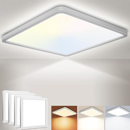Fynokst LED Deckenleuchte 18W 6000K/4000K/3000K, 2100LM IP54 Ultra Dünn Deckenlampe, Flach Quadrat Modern Badezimmer Lampe Küchenlampe für Flur Schlafzimmer Balkon Wohnzimmer Ø23CM, Weiß 4Stücke