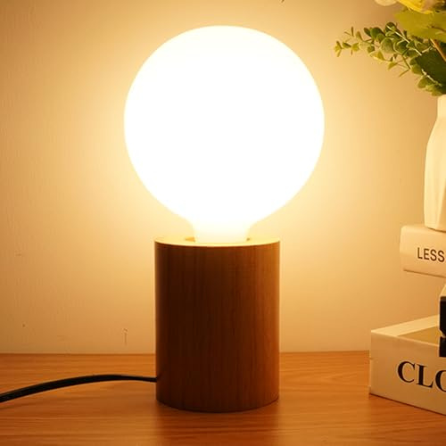 Nachttischlampe Holz E27 LED Tischlampe mit Kabel, 3000K Warmweiß, Industrielle Schlafzimmerlampe Vintage Kleine Lampe, 7W E27 LED Glas Glühbirne, Nicht Dimmbar, Deko Tisch Lampe Holz Modern