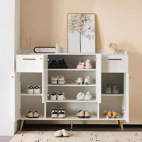 Yihomfy Meuble à Chaussures 130cm avec 2 Tiroirs et 4 Portes, Étagères Réglables, Meuble de Rangement Autoportant en Bois pour Entrée, Couloir ou Salon, Blanc