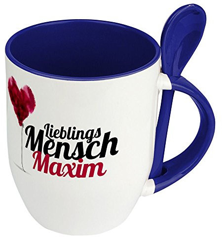 printplanet Löffeltasse mit Namen Maxim - Motiv Lieblingsmensch - Namenstasse, Kaffeebecher, Mug, Becher, Kaffeetasse - Farbe Blau