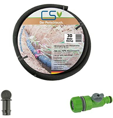 30m CS Perlschlauch Startup mit Durchflussreduziertem Regulierventil und Endstopfen für die Gartenbewässerung und Hochbeetbewässerung mit bis zu 70% Wasserersparnis bei unterirdischer Verlegung