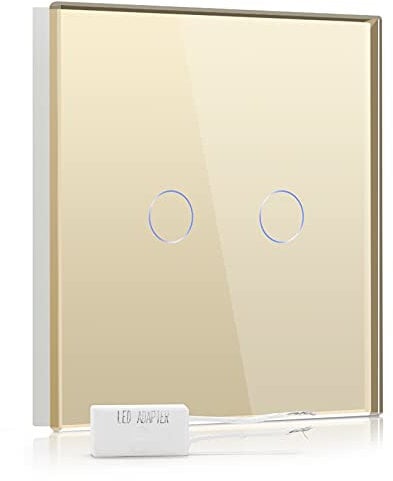 BSEED Dimmer Switch for Led Lights,Tempered Glass Panel Light Switches with LED Indicator,Gold 2 Gang 1 Way Led Compatible Dimmer Switch(Required Led Adapter)