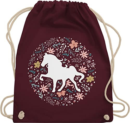 Turnbeutel Rucksack - Pferde - Taschen - Pferd mit Blumen - Unisize - Bordeauxrot - pferdetaschen pferdemotiv und turn beutel stallbeutel pferdesprüchen beuteltasche mädchen reiten geschenk
