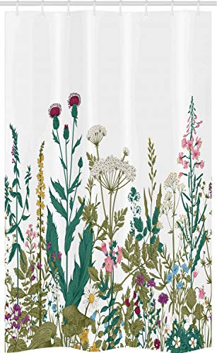 ABAKUHAUS Frühling Schmaler Duschvorhang, Romantisch Wildflower Art, Badezimmer Deko Set aus Stoff mit Haken, 120 x 180 cm, Weiß und Mehrfarbig